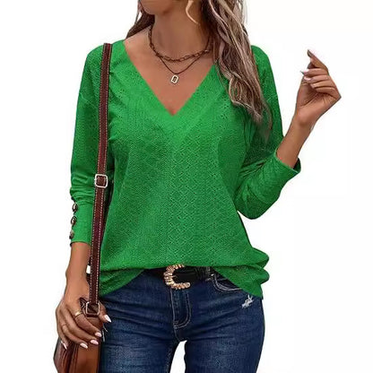 Women's Casual V-neck Long Sleeved Lace Embroidered Shirt