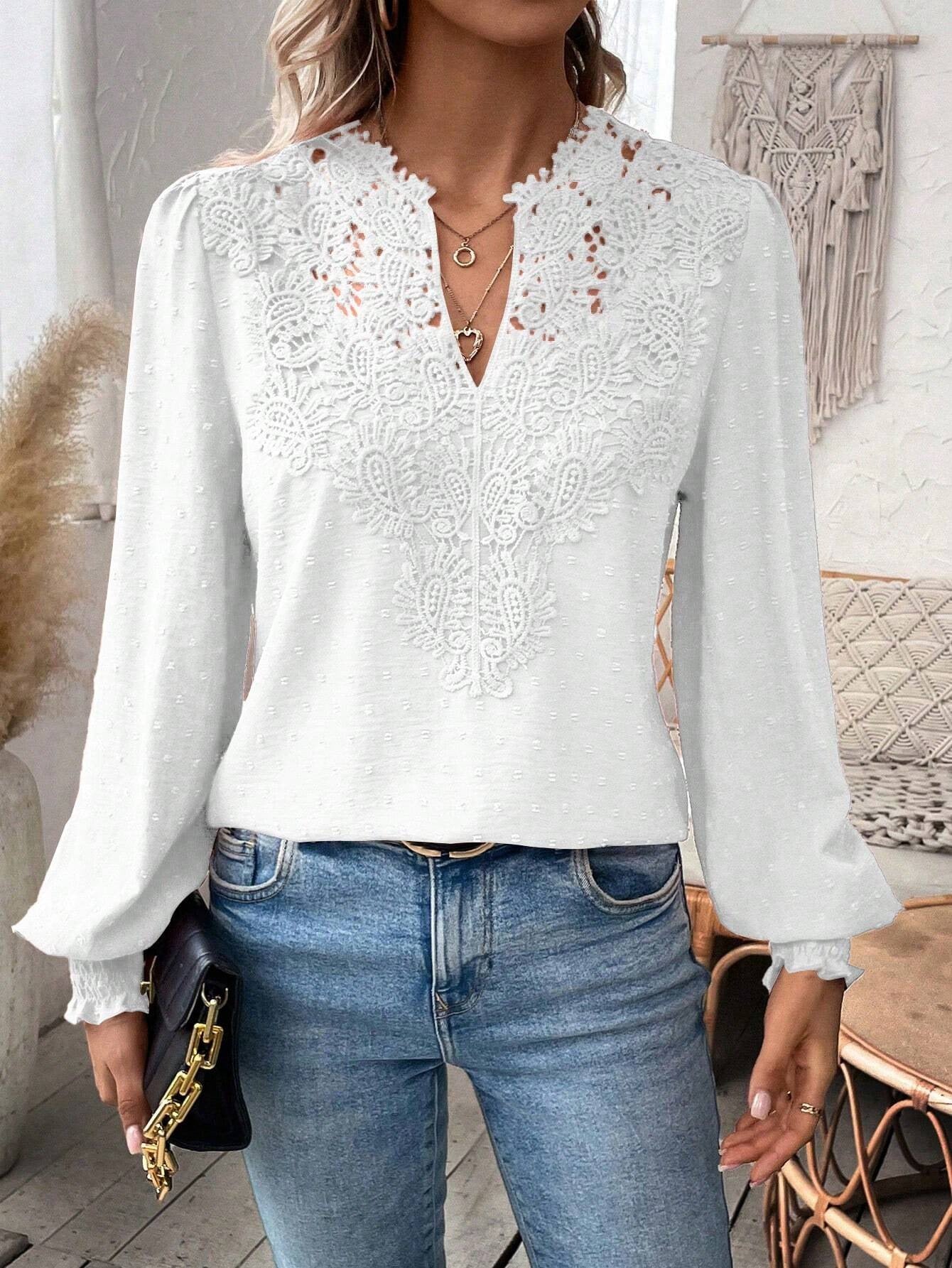 Lace Solid Color Long Sleeve Casual Women's Top