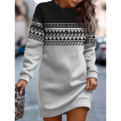 Printed Contrast Color Round Neck Sweater Dress