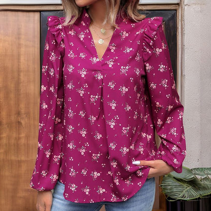 Camisa de manga larga con estampado de flores para mujer a la moda