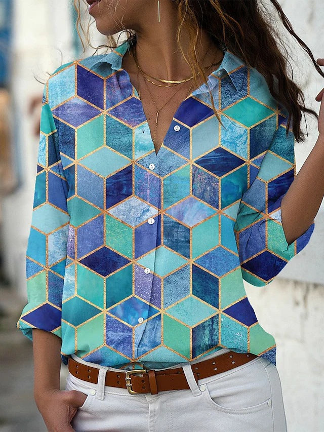 3D Printed Leisure Vacation Geometric Pattern Women's Long-sleeved Blouse