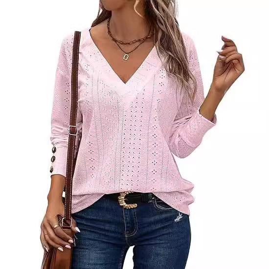 Chemise décontractée à manches longues et col en V pour femme avec broderie en dentelle