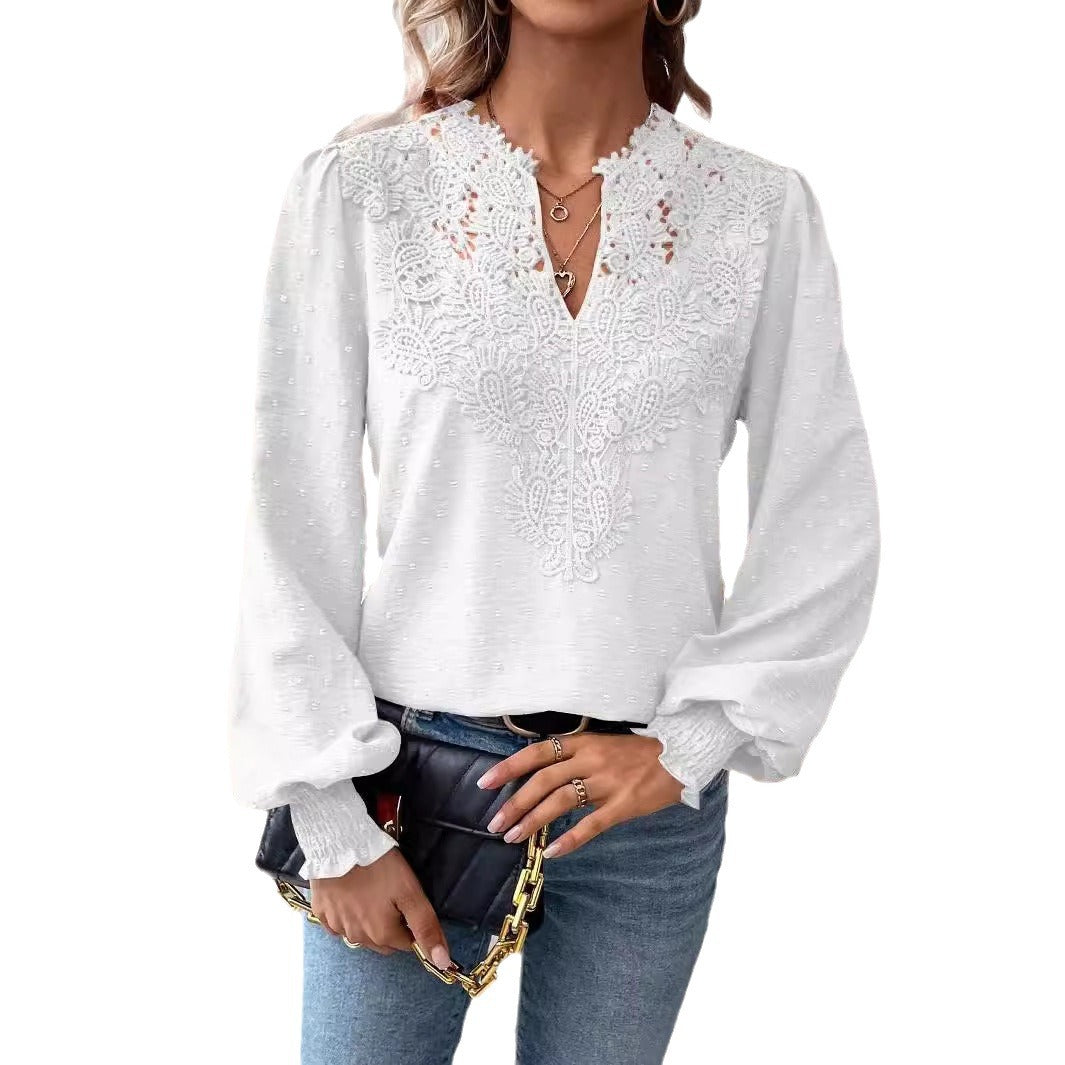 Lace Solid Color Long Sleeve Casual Women's Top