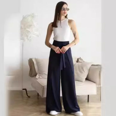 Falda pantalón de pierna ancha con cintura con cordones a la moda de color liso para mujer