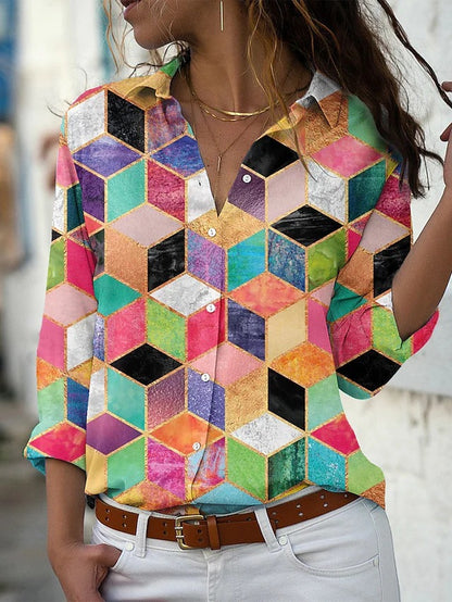 3D Printed Leisure Vacation Geometric Pattern Women's Long-sleeved Blouse