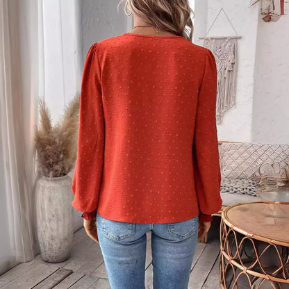 Lace Solid Color Long Sleeve Casual Women's Top