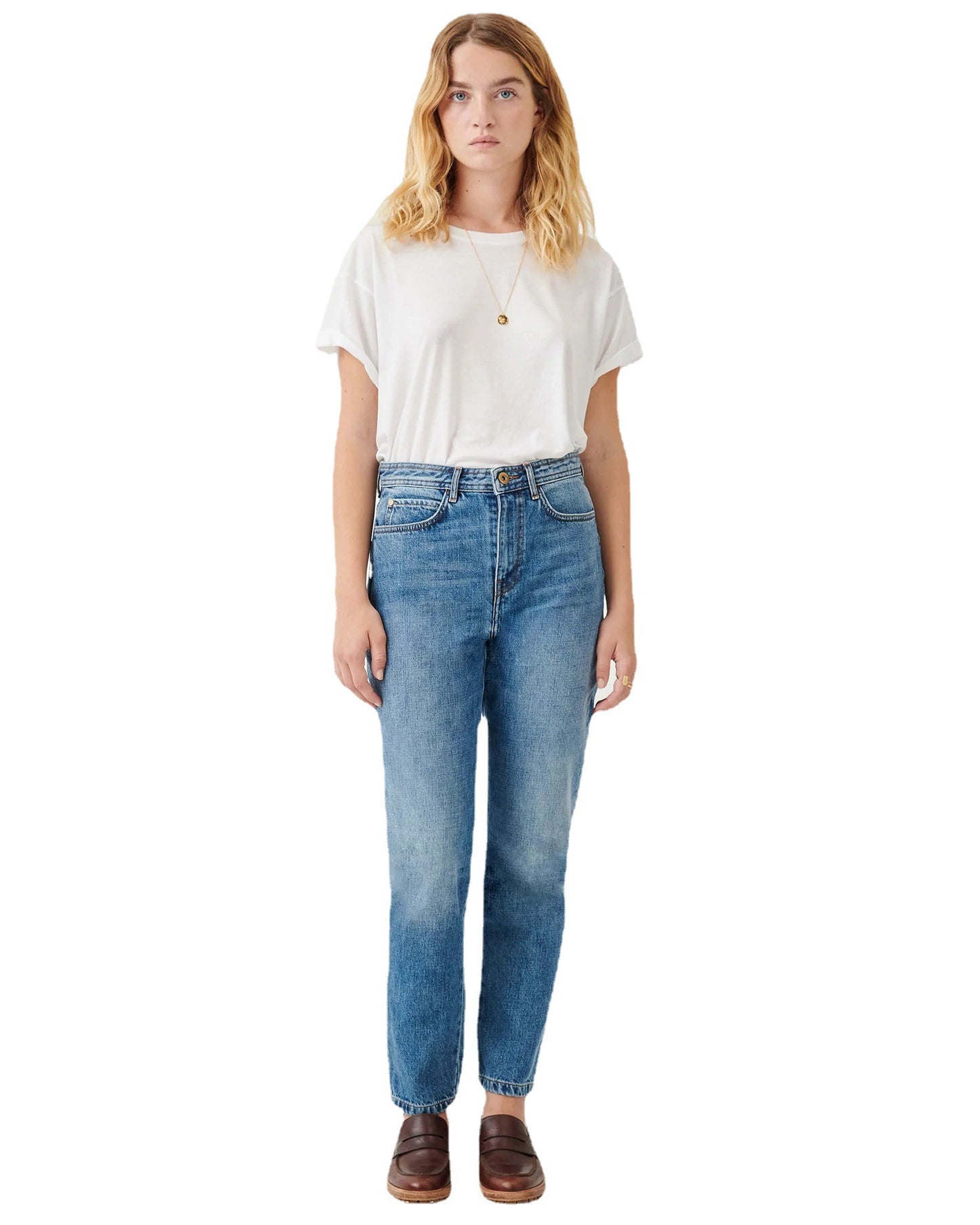 Jean slim bleu droit rétro et tendance pour femme, coupe slim, taille haute, assorti