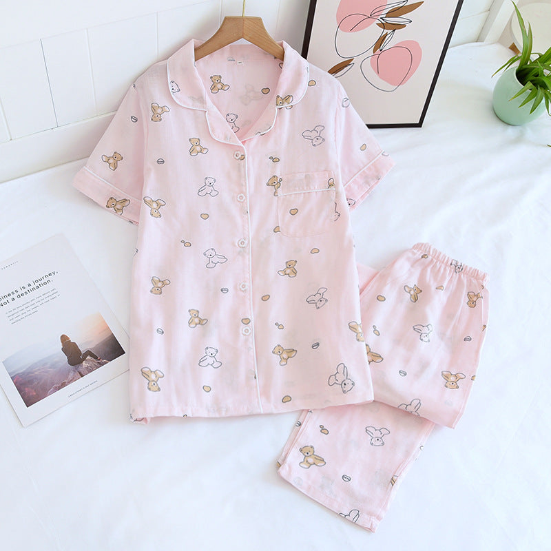 Double-layer Gauze Cotton Pajamas Women's Thin Short Sleeve Trousers Suit