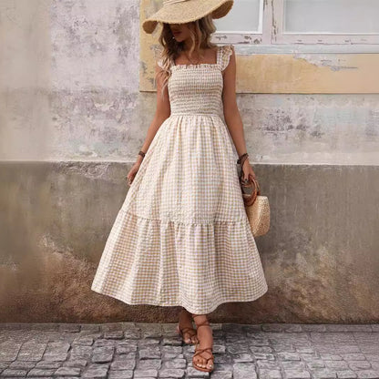 Vestido de cuadros con vuelo grande y elástico para mujer