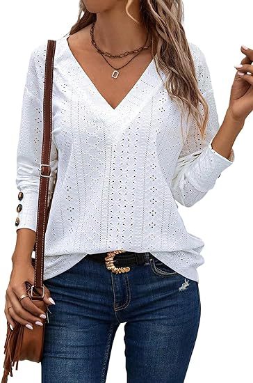 Chemise décontractée à manches longues et col en V pour femme avec broderie en dentelle