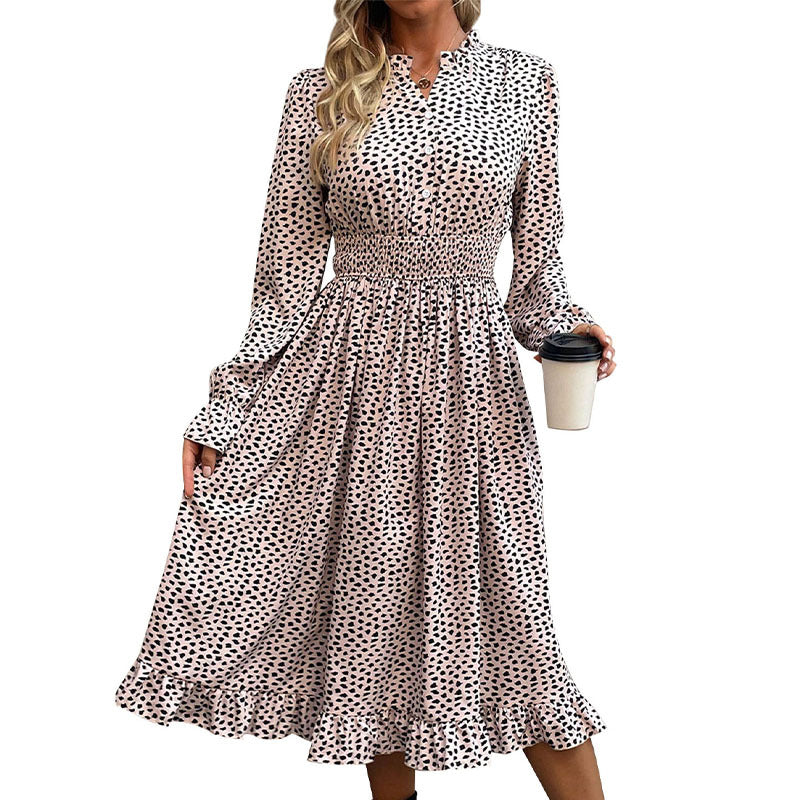 Women's Smocking Long Sleeve Leopard Print Dress