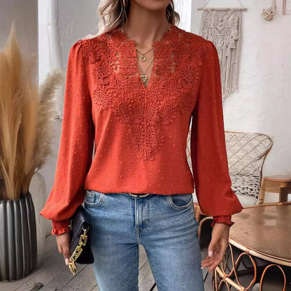 Lace Solid Color Long Sleeve Casual Women's Top