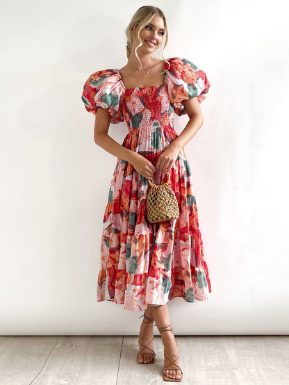 One-neck Printed Pettiskirt Puff Sleeve Dress Women