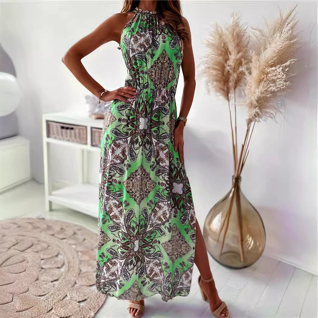 Printed Halter Waist Slit Dress