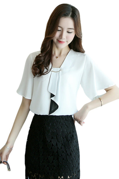 Pullover Chiffon Style Commuting Patchwork Solid Color Top