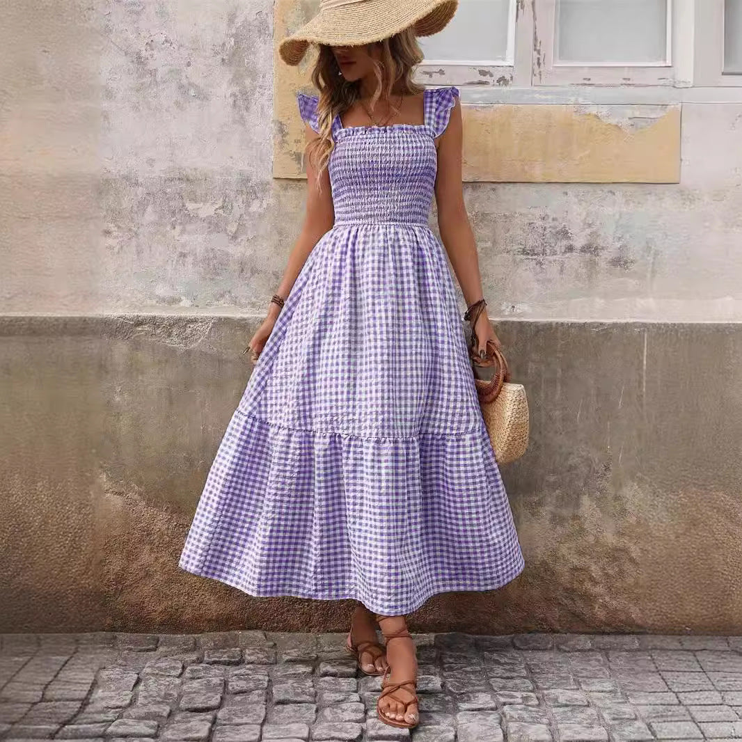 Vestido de cuadros con vuelo grande y elástico para mujer