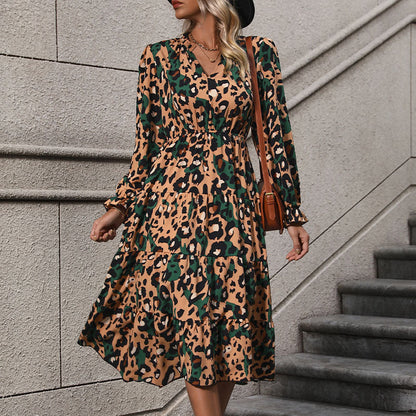 Women's Mid-length Long Sleeve Leopard Print Dress