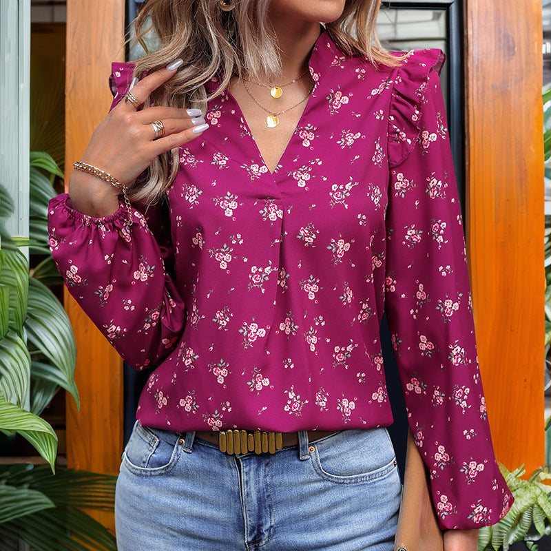 Camisa de manga larga con estampado de flores para mujer a la moda