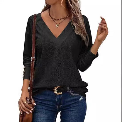 Women's Casual V-neck Long Sleeved Lace Embroidered Shirt