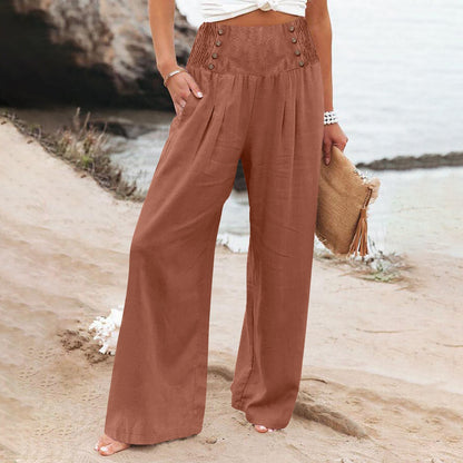 Casual Elastic High Waist Women's Cotton Linen Wide Leg Pants