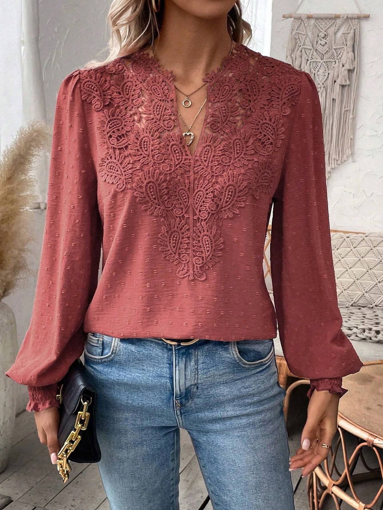 Lace Solid Color Long Sleeve Casual Women's Top