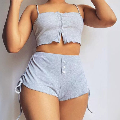 Casual Gray Drawstring Leisure Suspender Shorts Suit