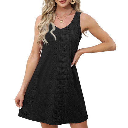 European American Summer Solid Color And V-neck Comfort And Casual Breathable Women's Sleeveless Dress