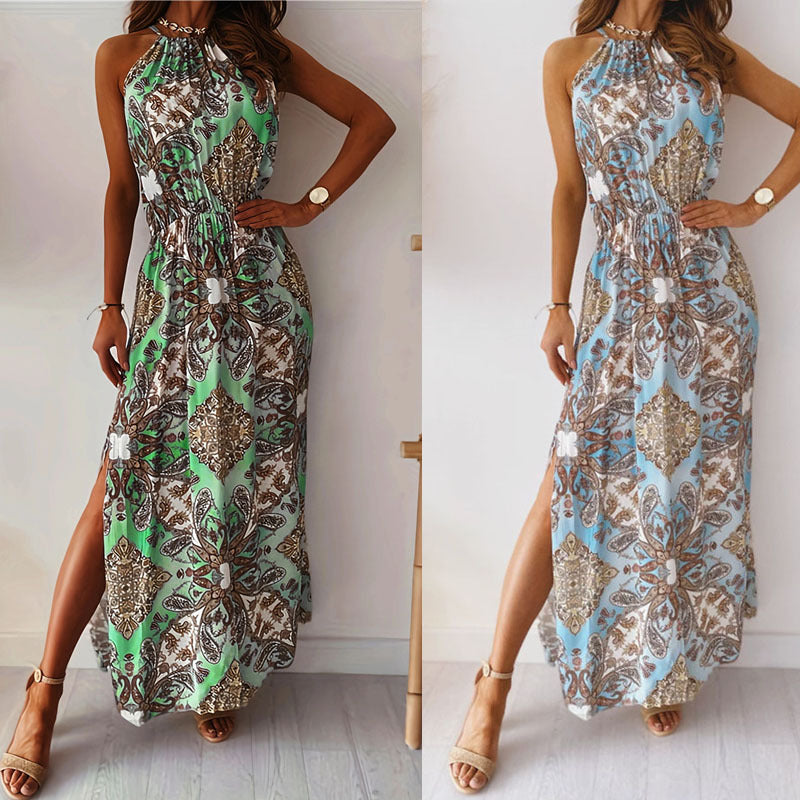 Printed Halter Waist Slit Dress