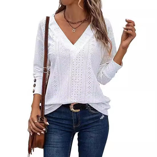 Women's Casual V-neck Long Sleeved Lace Embroidered Shirt