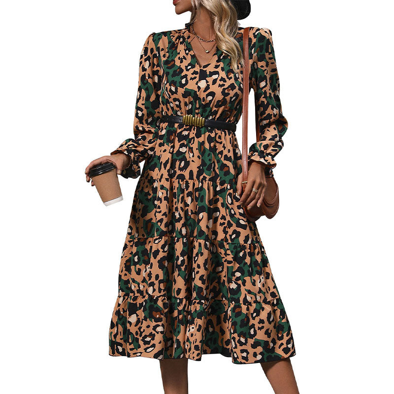 Women's Mid-length Long Sleeve Leopard Print Dress