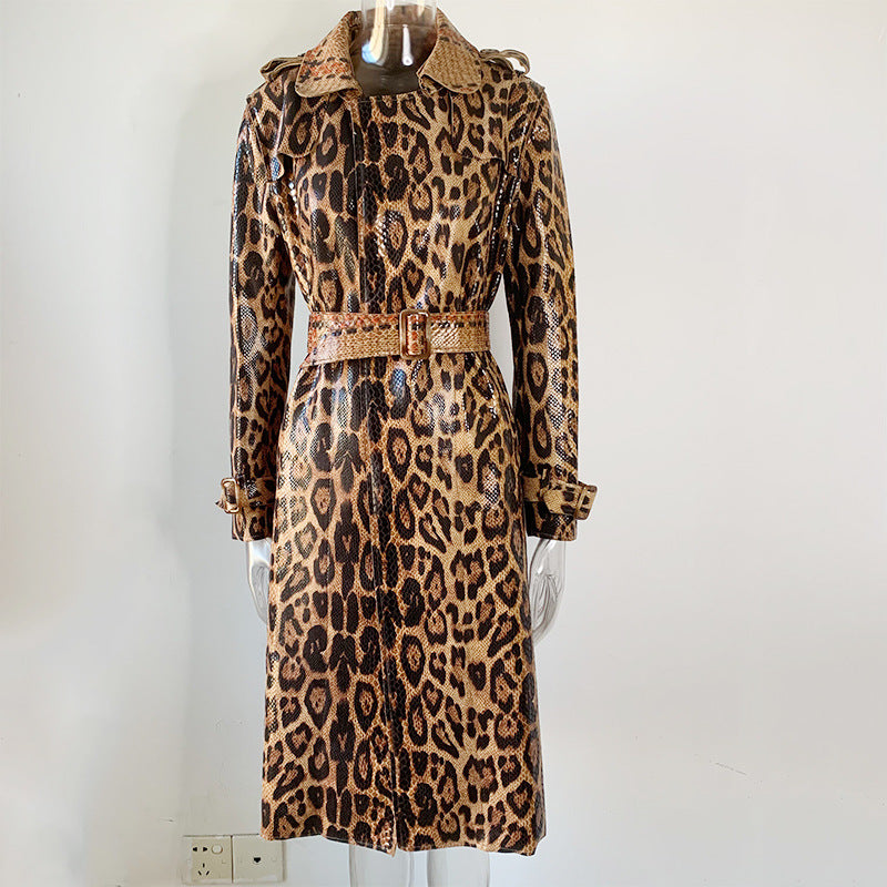 Trench-Coat Long marron à motif cuir ample, Cardigan à lacets
