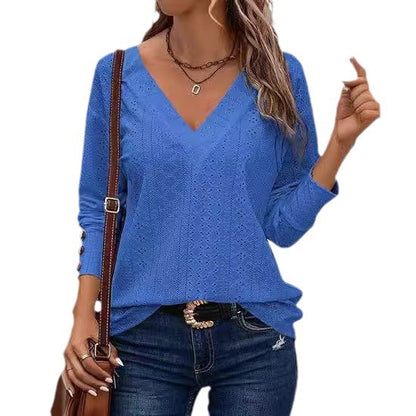 Women's Casual V-neck Long Sleeved Lace Embroidered Shirt