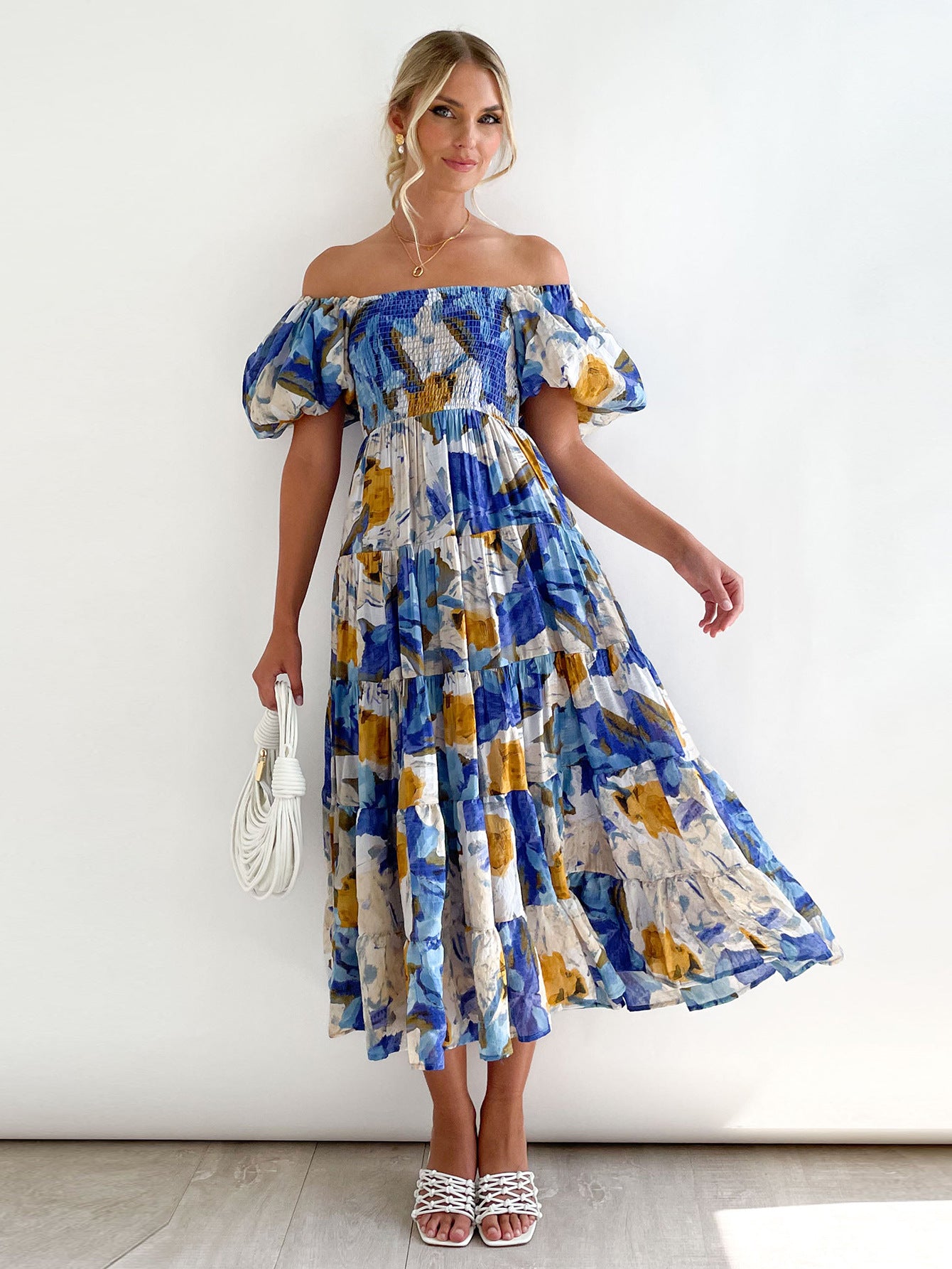 Robe à manches bouffantes et à imprimé pettiskirt à col unique pour femme