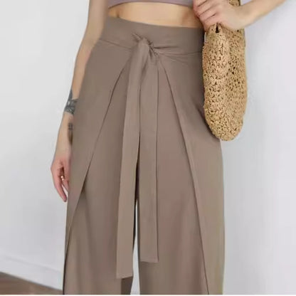 Falda pantalón de pierna ancha con cintura con cordones a la moda de color liso para mujer