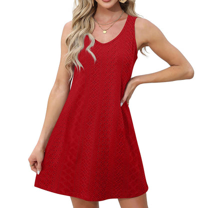 European American Summer Solid Color And V-neck Comfort And Casual Breathable Women's Sleeveless Dress