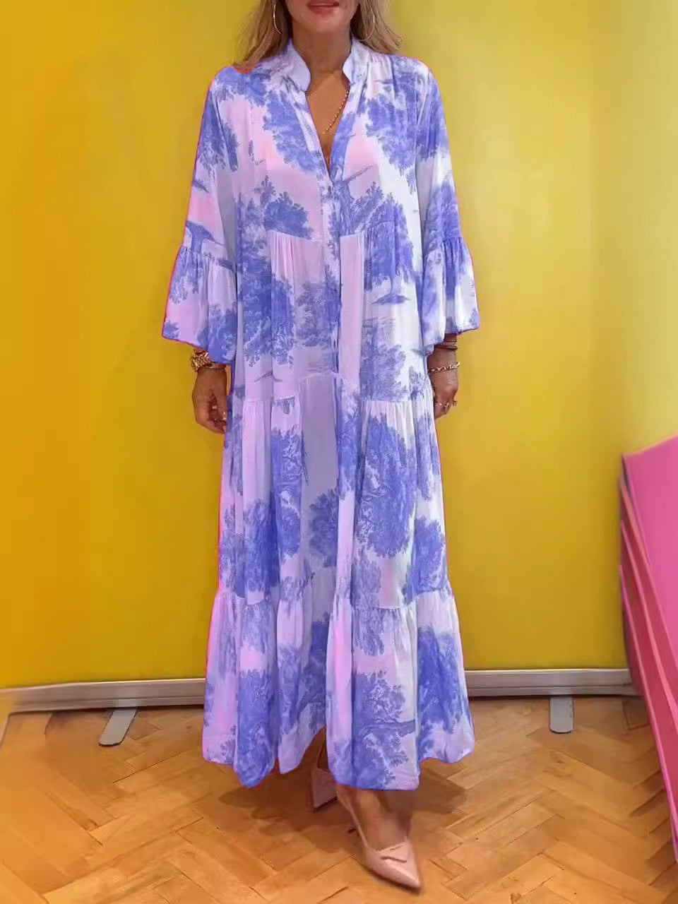 Vestido casual estampado con mangas acampanadas para mujer