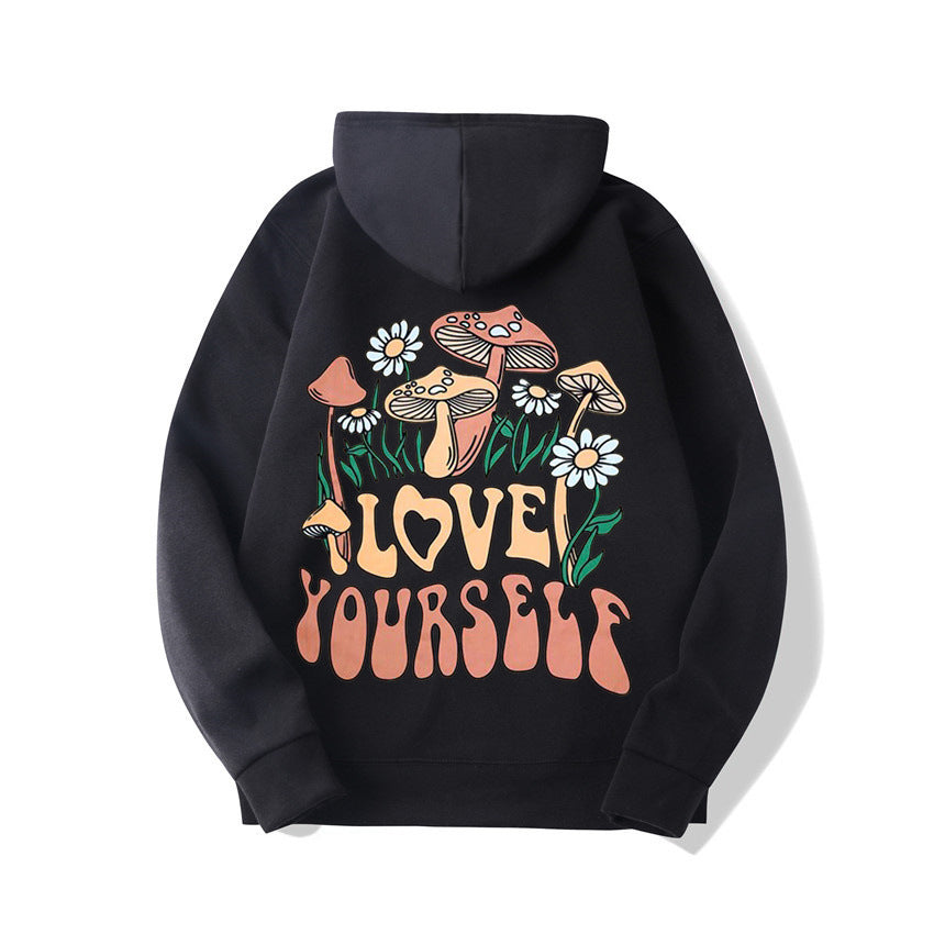 Plus Size Loose Mushroom Slogan Hoodie