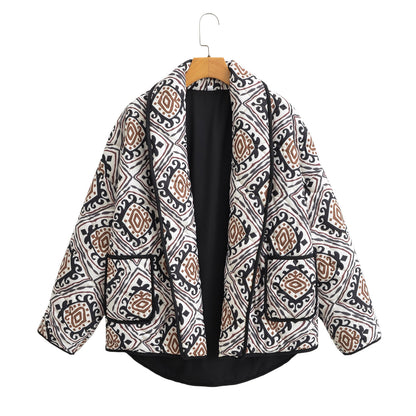 European American Fashion Floral Print Contrast Color Small Stand-up Collar Cotton-padded Clothes