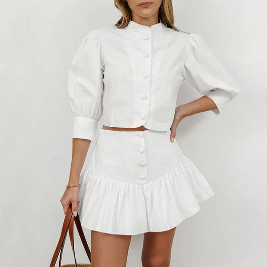 White Lantern Sleeve Shirt Short Skirt Two-piece Set For Women