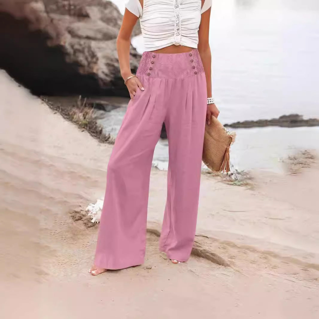 Casual Elastic High Waist Women's Cotton Linen Wide Leg Pants