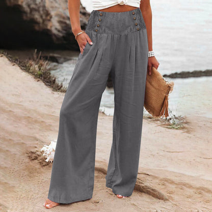 Casual Elastic High Waist Women's Cotton Linen Wide Leg Pants