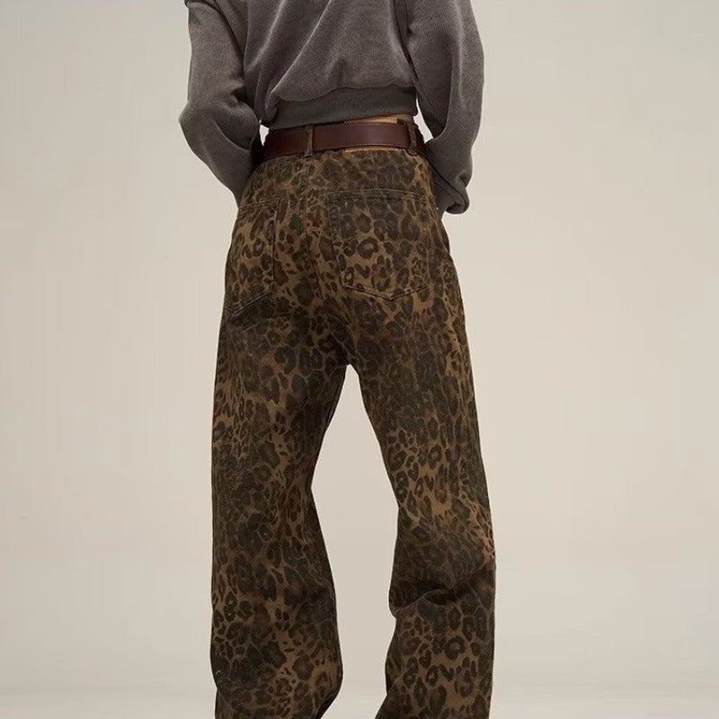 Vaqueros vintage con estampado de leopardo estilo americano para mujer