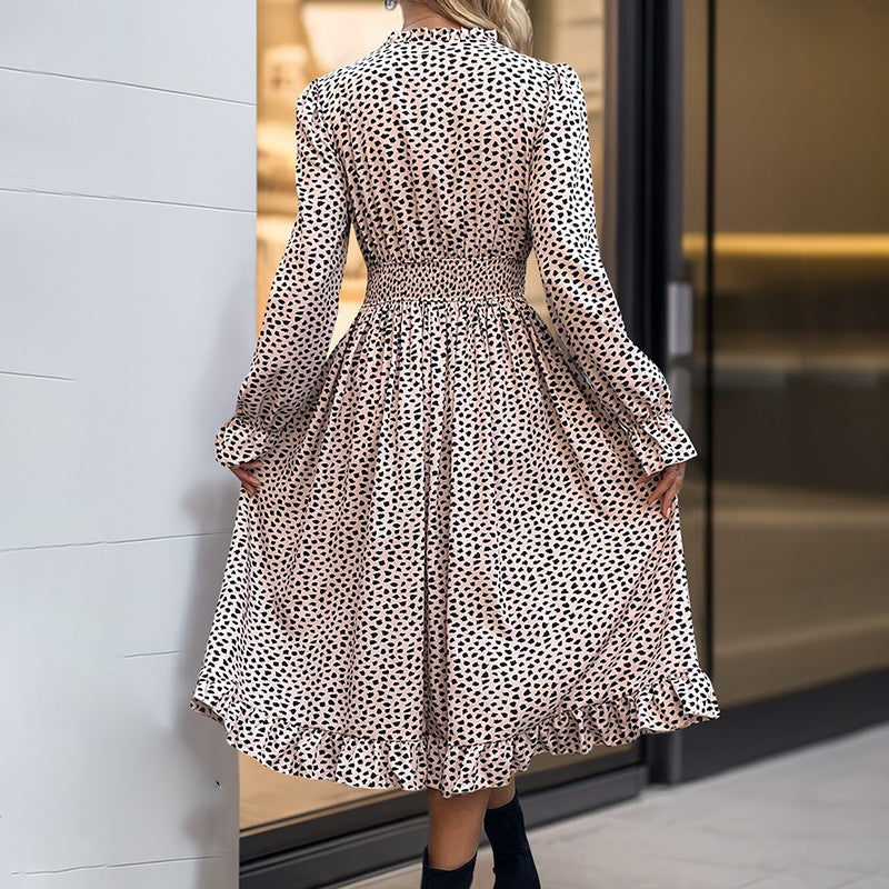 Robe smockée à manches longues et imprimé léopard pour femmes