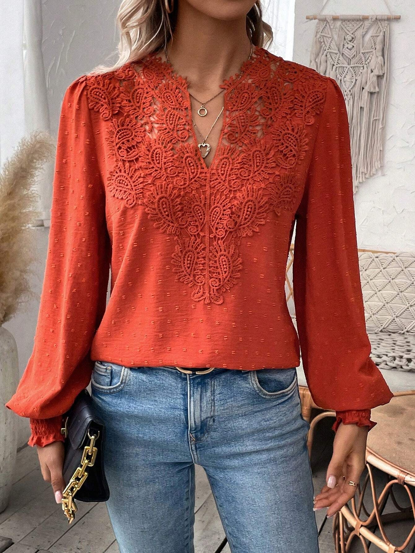 Lace Solid Color Long Sleeve Casual Women's Top