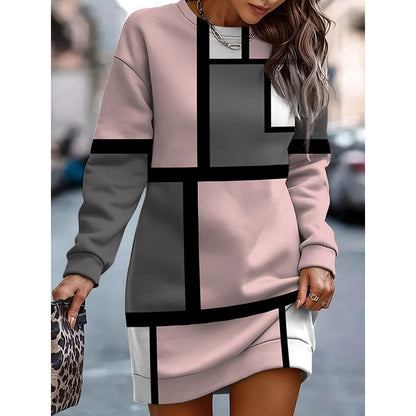 Printed Contrast Color Round Neck Sweater Dress