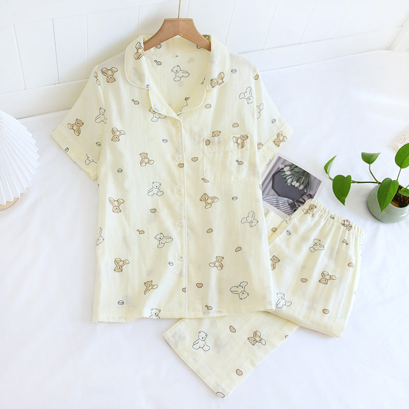 Double-layer Gauze Cotton Pajamas Women's Thin Short Sleeve Trousers Suit