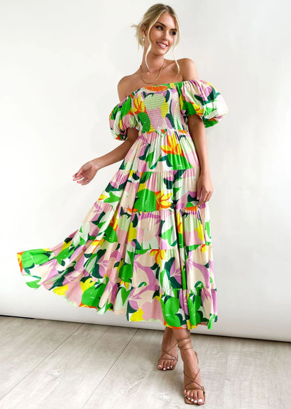 Robe à manches bouffantes et à imprimé pettiskirt à col unique pour femme