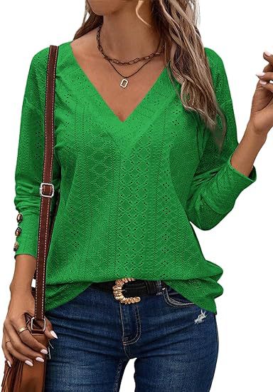 Women's Casual V-neck Long Sleeved Lace Embroidered Shirt