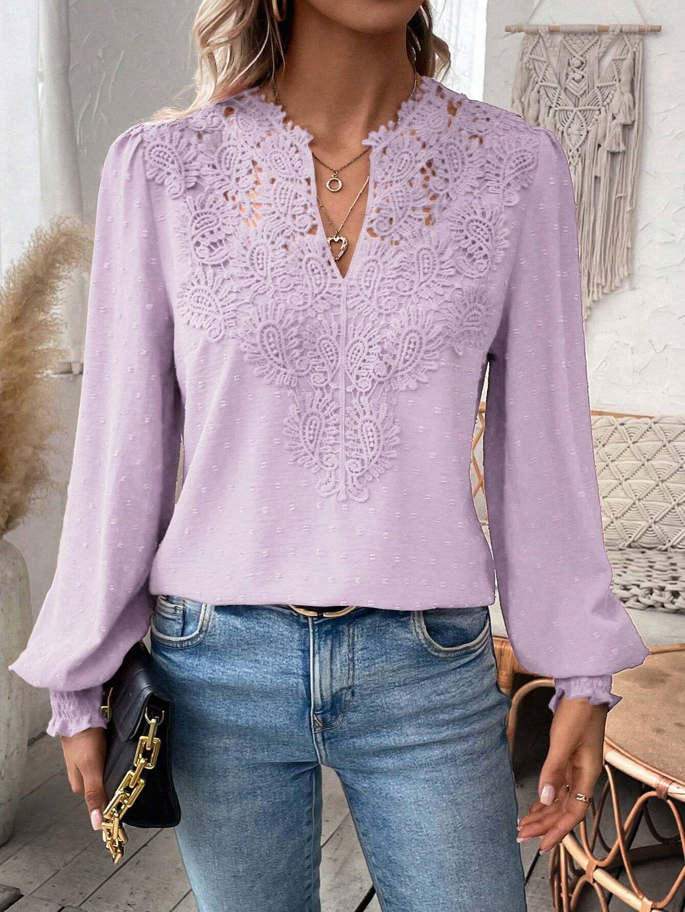 Lace Solid Color Long Sleeve Casual Women's Top