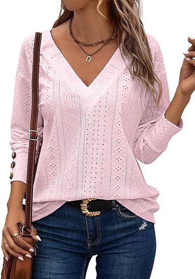 Camisa informal de mujer con escote en V, manga larga y encaje bordado